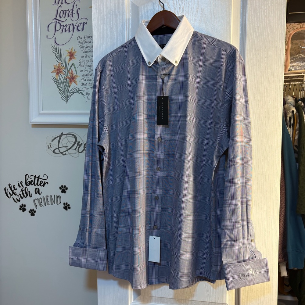 Sean John Purple Plaid Dress Shirt with White Collar